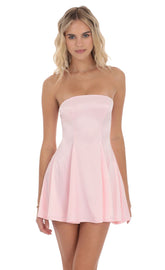 Strapless Satin Fit and Flare Dress in Pink